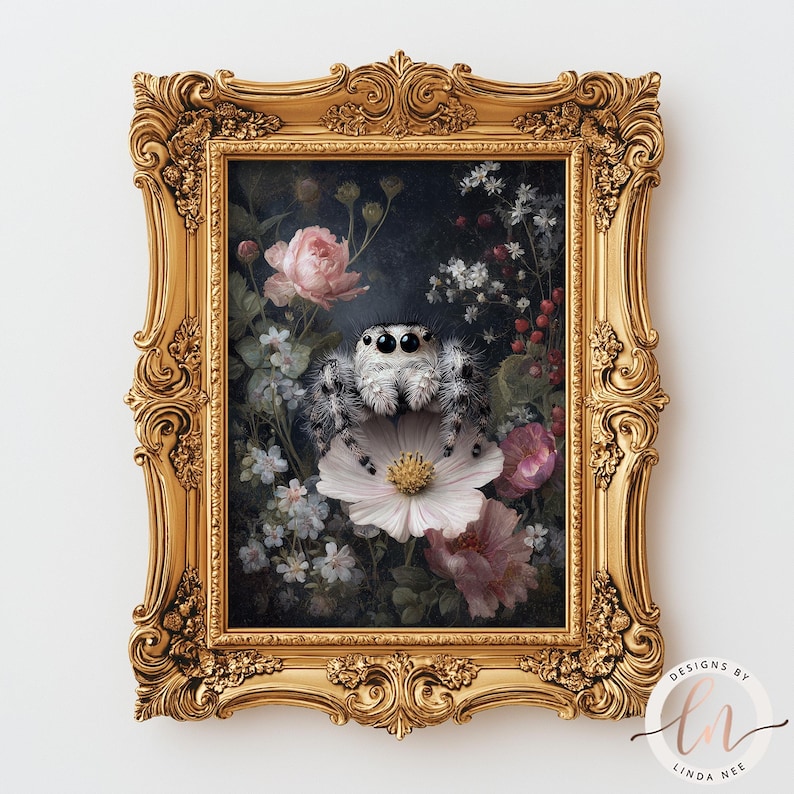 a painting of a spider sitting on a flower, surrounded by a lush floral background.