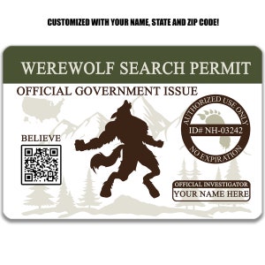 Permiso de búsqueda de hombre lobo personalizado, licencia de tamaño billetera de metal, permiso de caza, hombre lobo, criptozoológico, caza divertida 8-ANM181