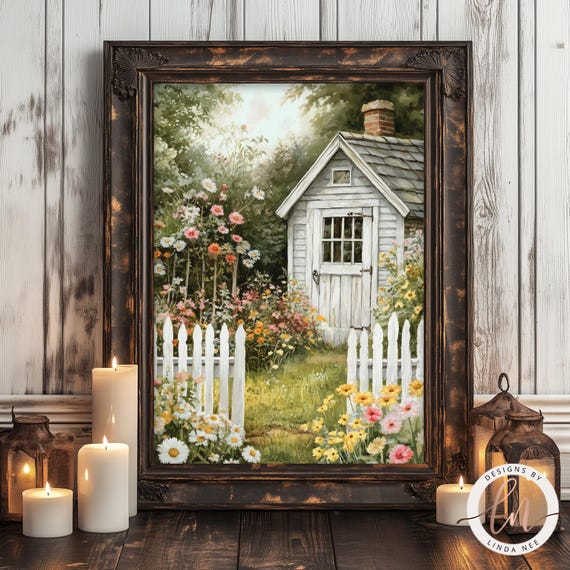 Vintage Cottage Garden Painting, Rustic Country Flower Garden Wall