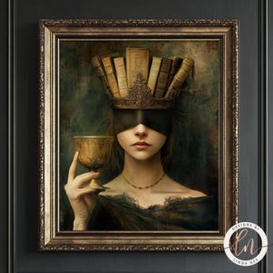 Queen of Literature Painting, Dark Academia Library Wall Art Print, Moody Victorian Woman, Gothic Scholar, Mysterious Elegant Woman 6-GOT086