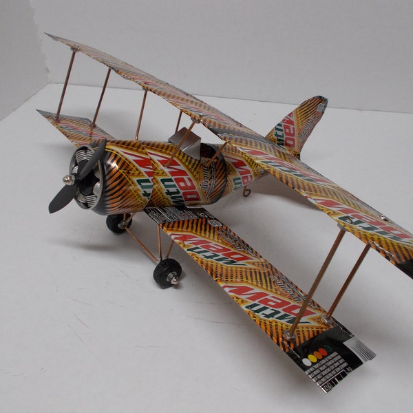 Soda Can Aluminum Handcrafted Airplane (MT. DEW-LIVEWIRE) Bi-Plane