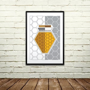 Geometrische Honigglas mit Wabendruck, 11 x 16 Instant Download, druckbare Kunst, Küchenkunst, Kinderzimmer-Wand-Dekor