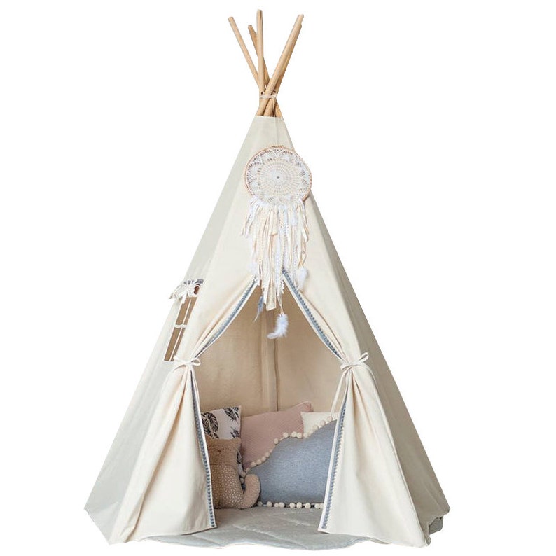 Each Comes with Padded Mat Base Children/'s Play Tent,Teepee Handmade for Kids in Natural Canvas with Pom Pom Trim