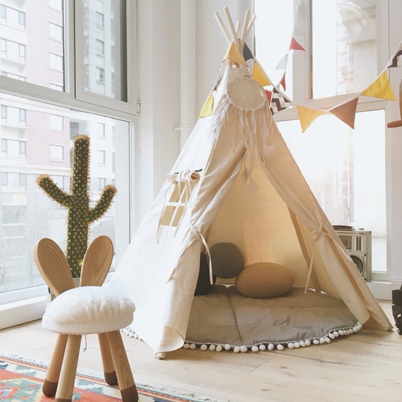 Each Comes with Padded Mat Base Children/'s Play Tent,Teepee Handmade for Kids in Natural Canvas with Pom Pom Trim