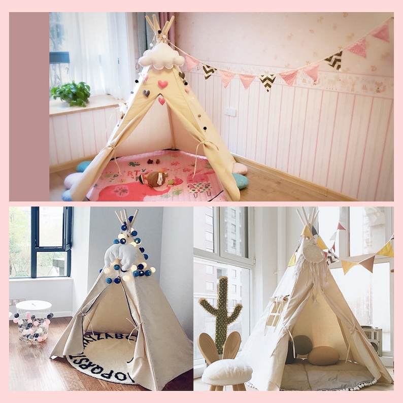 Each Comes with Padded Mat Base Children/'s Play Tent,Teepee Handmade for Kids in Natural Canvas with Pom Pom Trim