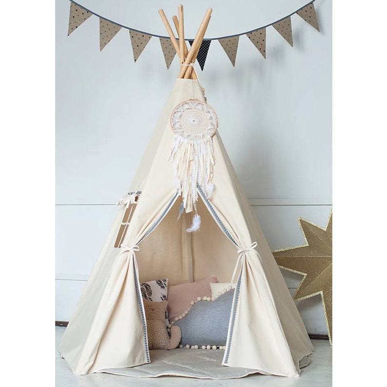 Each Comes with Padded Mat Base Children/'s Play Tent,Teepee Handmade for Kids in Natural Canvas with Pom Pom Trim