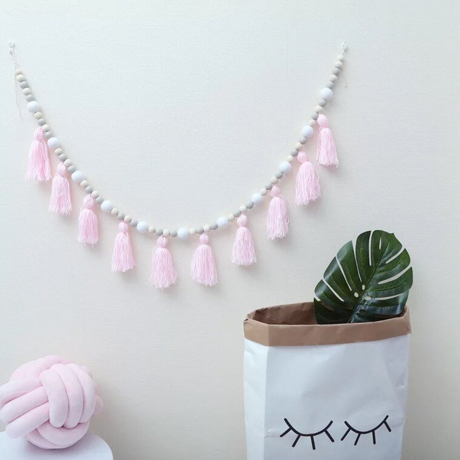 Wooden Beads Wall Hanging Decoration Wooden Garland Grey Etsy
