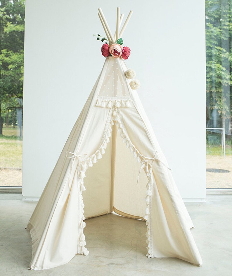 Each Comes with Padded Mat Base Children/'s Play Tent,Teepee Handmade for Kids in Natural Canvas with Pom Pom Trim