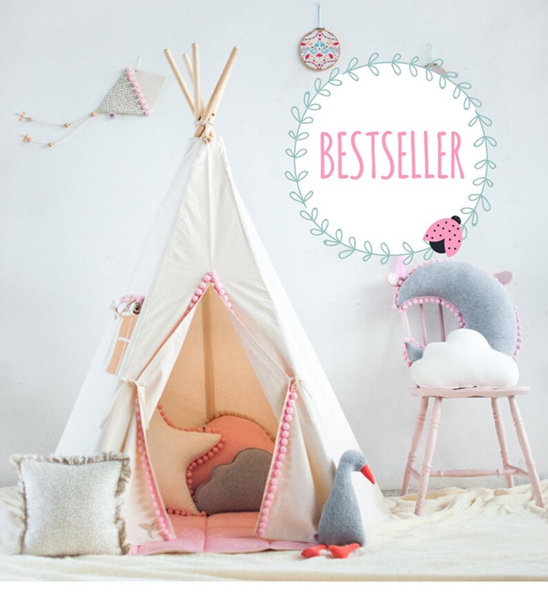 Each Comes with Padded Mat Base Children/'s Play Tent,Teepee Handmade for Kids in Natural Canvas with Pom Pom Trim