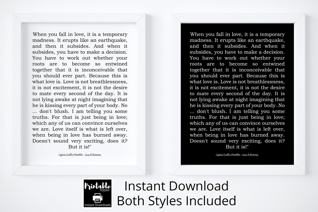 Captain Corelli's Mandolin Louis De Bernières two Instant Downloads Literary Quote Romantic Book