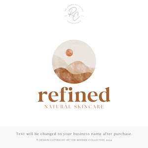 May include: A logo for a natural skincare company called "refined". The logo features a stylized illustration of a sunset over a mountain range in shades of brown and orange.