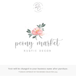 Watercolor Peony Logo: Rustic Farmhouse Florist, Premade Logo Design