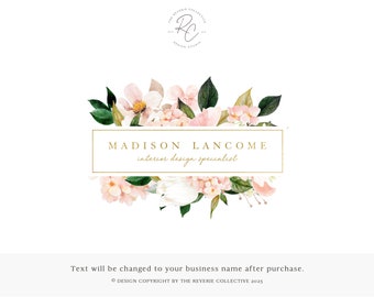 May include: A watercolor floral logo design with pink and white flowers and green leaves. The text "MADISON LANCOME interior design specialist" is in a gold frame.