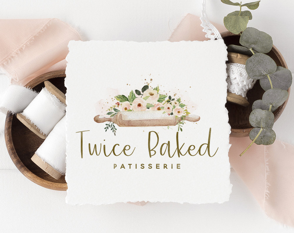 Floral Bakery Logo Design, Watercolor Patisserie Branding, Rolling Pin ...