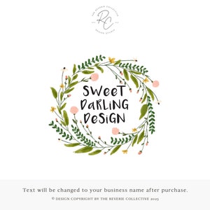 May include: A floral wreath logo design with the text "Sweet Darling Design". The wreath is made of green leaves and pink and yellow flowers.