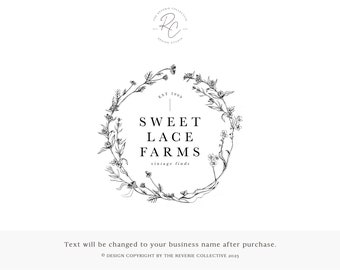 Wildflower Logo Design, Vintage Farmhouse Branding, Botanical Wreath Watermark, Rustic Cottage Brand, Elegant Floral Studio, Homestead Shop