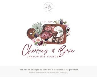 May include: A watercolor illustration of a charcuterie board with various meats, cheeses, and fruits. The board is surrounded by flowers and greenery. The text "Cherries & Brie CHARCUTERIE BOARDS" is written below the board.
