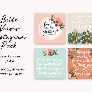 May include: A collection of four square social media graphics with floral accents and Bible verses. The graphics feature quotes like "love never gives up" and "when I am afraid, I will trust in you." The words "Bible Verses Instagram Pack" are also visible.