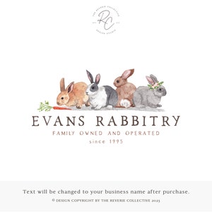 Bunny Logo, Rabbit Logo, Farm Logo, Watercolor Logo, Rustic Logo, Farmhouse Logo, Animal Logo, Ranch Logo, Pet Logo, Premade Logo Design