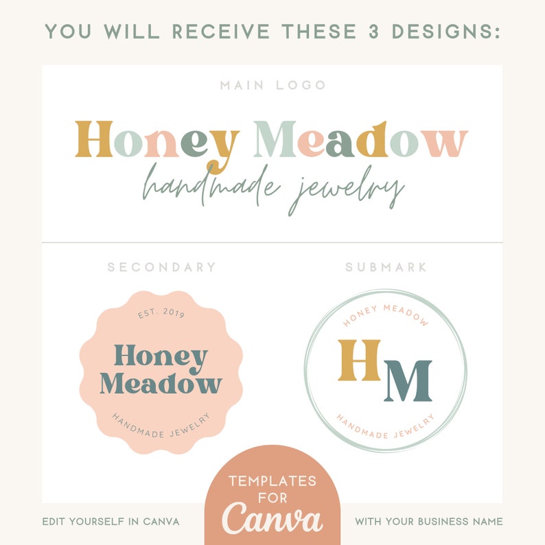 Retro Boho Logo Design Template: Editable Pastel Branding (canva) - Etsy