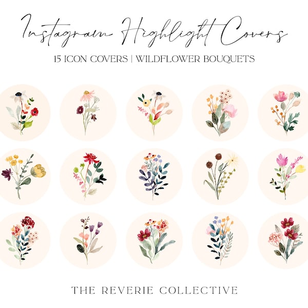 15 Watercolor Wildflower Bouquet Instagram Covers, Instagram Story Highlight Icons, iOS App Icons, iPhone Widgets, Instagram Highlights