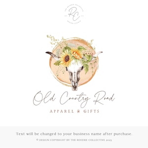 Rustic Cow Skull Logo: Sunflower Boho Premade Design