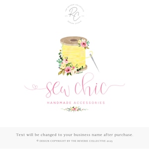 Thread Logo, Spool Logo, Needle Logo, Sewing Logo, Embroidery Logo, Watercolor Floral Logo, Craft Logo, Premade Logo Design