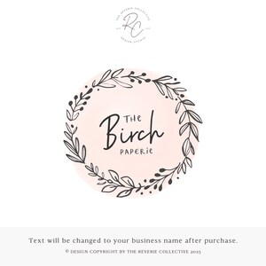 May include: A logo design featuring a wreath of stylized leaves and branches surrounding a pink circle with the text "The Birch Paperie" in black script.
