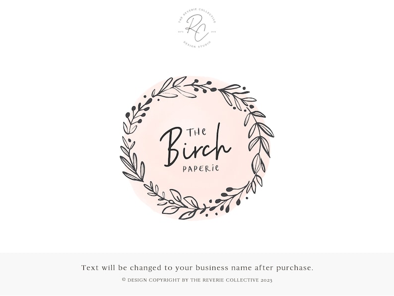 May include: A logo design featuring a wreath of stylized leaves and branches surrounding a pink circle with the text "The Birch Paperie" in black script.