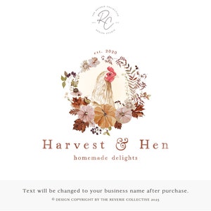 Chicken Logo, Hen Logo, Floral Wreath Logo, Maple Pumpkin Logo, Farm Logo, Watercolor Logo, Farmhouse Logo, Animal Logo, Premade Logo Design