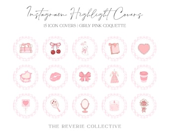 Puede incluir: Conjunto de 15 cubiertas de destacados de Instagram en rosa y blanco con varios diseños femeninos, que incluyen una caja de regalo, cerezas, un conejito, un libro, labios, un lazo, un vestido, una taza de café, un corazón, un espejo, una brocha de maquillaje y un ramo de flores. El texto "Instagram Highlight Covers" y "15 ICON COVERS | GIRLY PINK COQUETTE" está en la parte superior de la imagen. El texto "THE REVERIE COLLECTIVE" está en la parte inferior de la imagen.