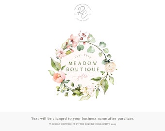 Watercolor Floral Logo, Wreath Logo, Botanical Logo, Gift Logo, Photography Logo, Farmhouse Logo, Premade Logo Design