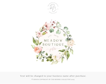 Watercolor Floral Logo Design, Botanical Wreath Branding, Feminine Garden Watermark, Soft Cottagecore Brand, Elegant Meadow Studio Shop