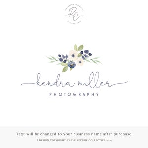May include: A watercolor logo design featuring a floral arrangement with white flowers and blue berries. The text "kendra miller PHOTOGRAPHY" is written in a cursive font below the floral design.