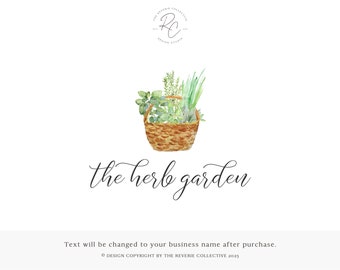 Watercolor Logo, Herb Logo, Basket Logo, Nature Logo, Greenery Logo, Garden Logo, Floral Logo, Premade Logo Design