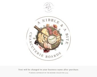 May include: A watercolor illustration of a charcuterie board with cheese, salami, fruit, and crackers. The board is surrounded by a circle with the text "A Nibble & A Bite Charcuterie Boards".