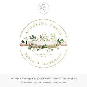 May include: Gold circle logo with the text "ANGELINA BAKES" and "ESTABLISHED 2021 FRESH & HOMEMADE". A watercolor illustration of a rolling pin with green leaves and flowers is inside the circle.