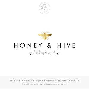May include: A logo design for a photography business called "Honey & Hive Photography". The logo features a gold bee illustration and the business name in black text.