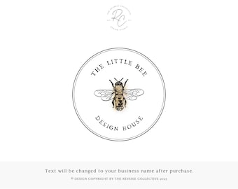 Vintage Bee Logo Design, Rustic Farmhouse Honey Branding, Minimalist Botanical Watermark, Cottagecore Nature Brand, Elegant Handmade Studio
