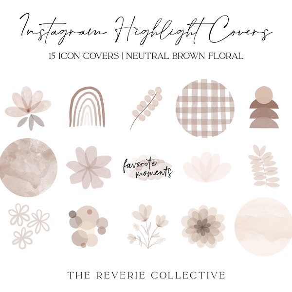 15 Neutral Brown Watercolor Floral Instagram Story Highlight Covers, Boho Social Media App Icons, Hand Drawn Farmhouse Branding