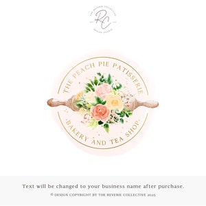 Watercolor Floral Rolling Pin Logo: Premade Bakery Branding