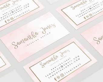Modello di biglietto da visita con acquerello rosa: design femminile (file digitali)