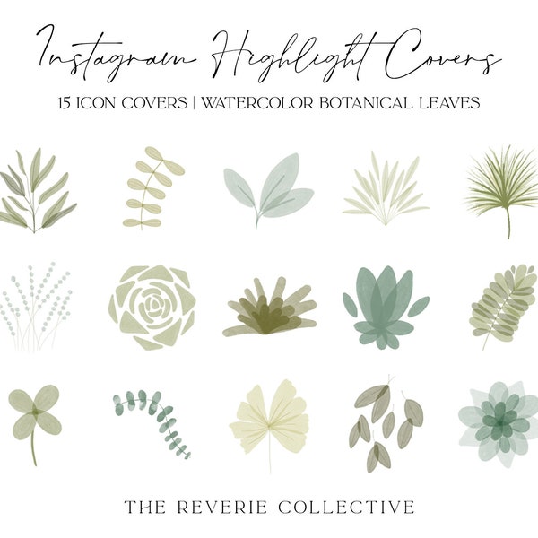 15 Watercolor Botanical Leaf Instagram Covers, Plant Instagram Story Highlight Icons, iOS App Icons, iPhone Widgets, Instagram Highlights