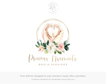 Watercolor Doula Logo Design, Floral Baby Feet Branding, Feminine Motherhood Watermark, Elegant Birth Worker Brand, Blush Midwife Studio