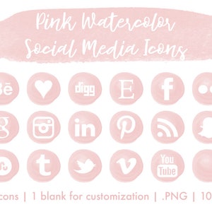 Pink Watercolor Social Media Icons: Blog Branding (PNG Digital Download)