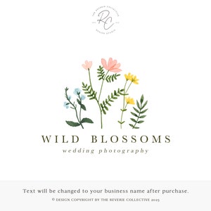 Wildflower Logo, Botanical Logo, Wedding Logo, Photography Logo, Watercolor Floral Logo, Romantic Logo, Premade Logo Design