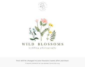 Wildflower Logo, Botanical Logo, Wedding Logo, Photography Logo, Watercolor Floral Logo, Romantic Logo, Premade Logo Design