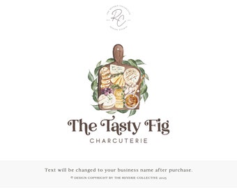 May include: A watercolor illustration of a wooden cutting board with a variety of cheeses, grapes, honey, and herbs. The text "The Tasty Fig CHARCUTERIE" is below the image.