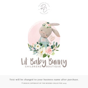 Watercolor Baby Bunny Logo: Floral Children&#39;s Premade Design