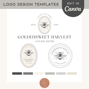 May include: Logo design templates for a business called "Golden Sweet Harvest Vintage Decor". The logo features a bee illustration and the text "Established 2009, Located in the Ozarks".